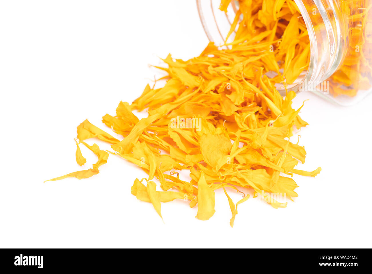 Dry marigold petal flowers isolated on white background. Herbal  tea from flowers of a marigold Stock Photo