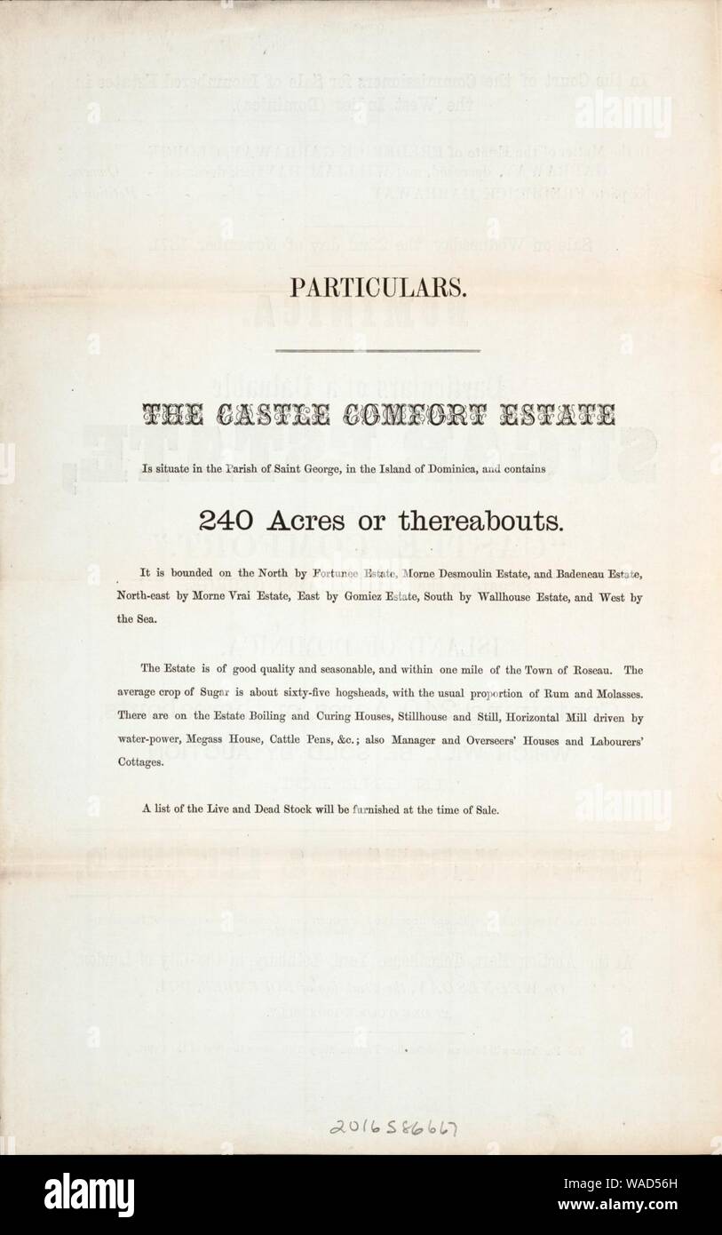 zag geur Woordenlijst Dominica, particulars of a valuable Sugar Estate - called 'Castle Comfort,'  situate in the Parish of Saint George, in the Island of Dominica, and  containing 240 acres, or thereabouts - which will