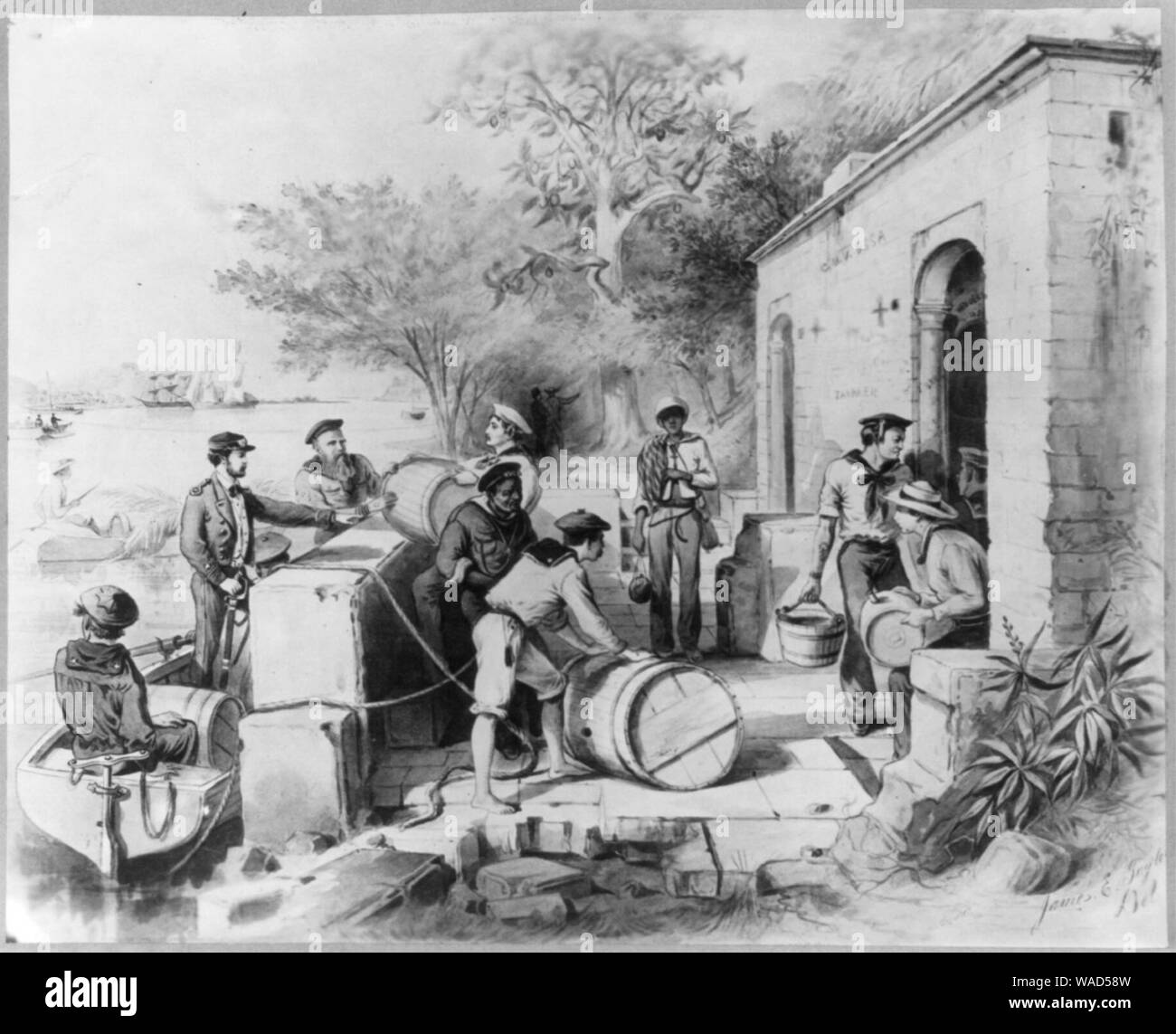 Dominican Republic, 1871)- The Diago Columbus Spring on the Ozania River, ... Seamen filling casks with fresh water Stock Photo
