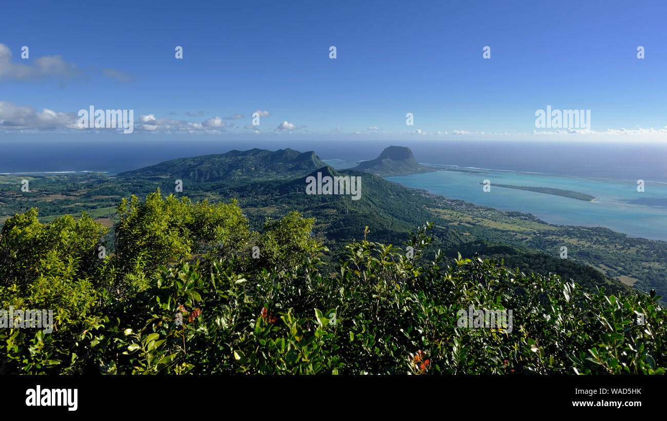 Landscape of Mauritius with rainforest and view of Le Morne Brabant Stock Photo