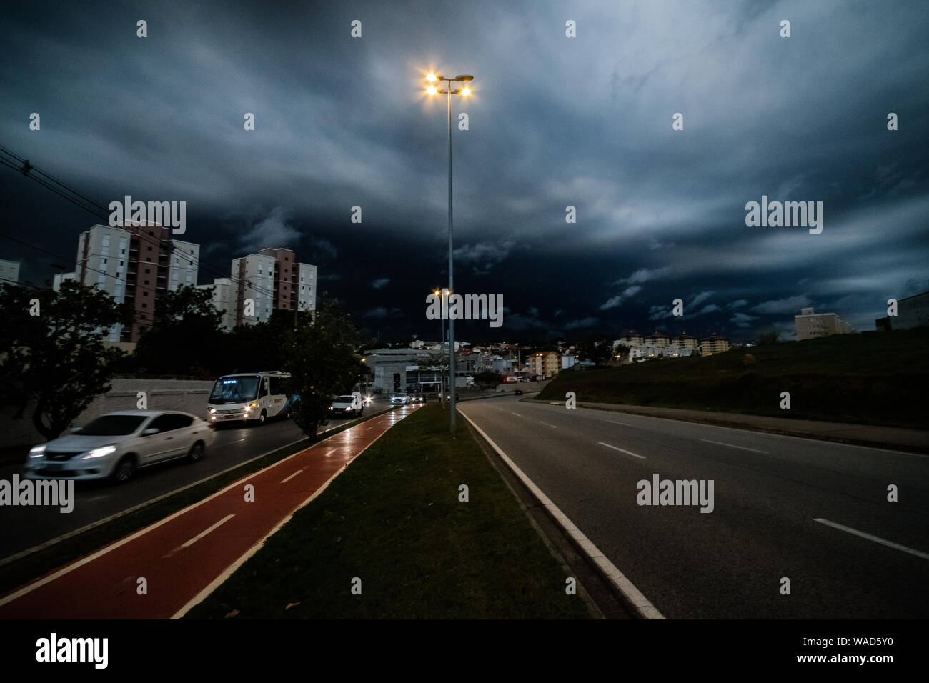 Dark skies caused by smoke of amazon fires at the same time a cold front  reached Sorocaba in Sao Paulo. Day looking like night at 14h Stock Photo -  Alamy