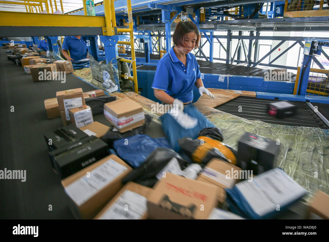 Employees work along assemble line to dispatch packages with computer