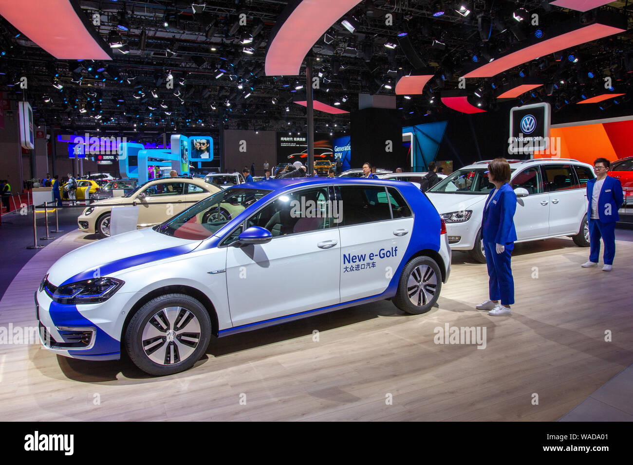 --FILE--A pure electric vehicle e-Golf of Volkswagen Group is displayed during the 18th Shanghai International Automobile Industry Exhibition, also kn Stock Photo