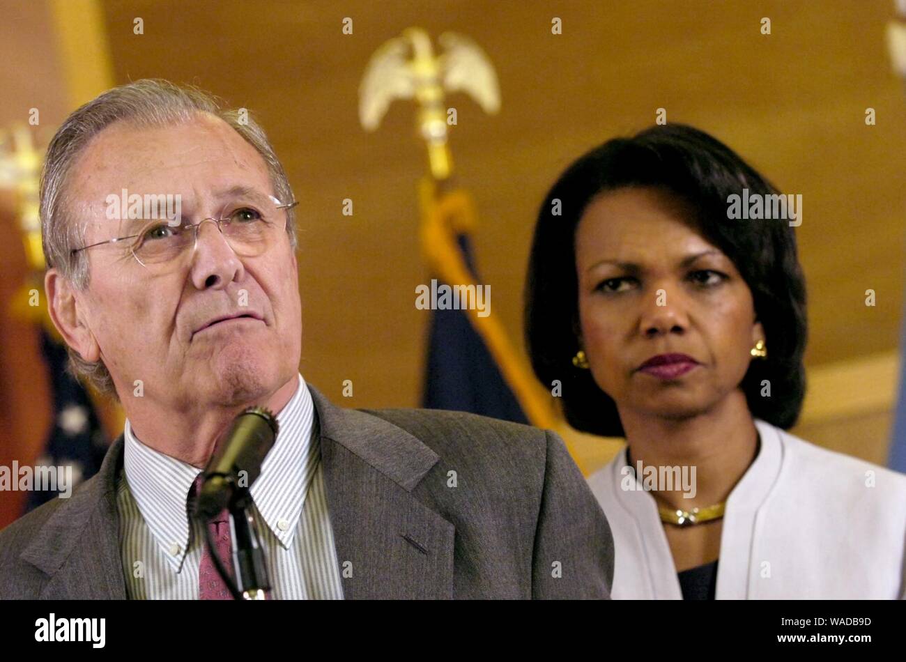 Donald Rumsfeld and Condoleezza Rice in Baghdad, Iraq, April 2006. Stock Photo