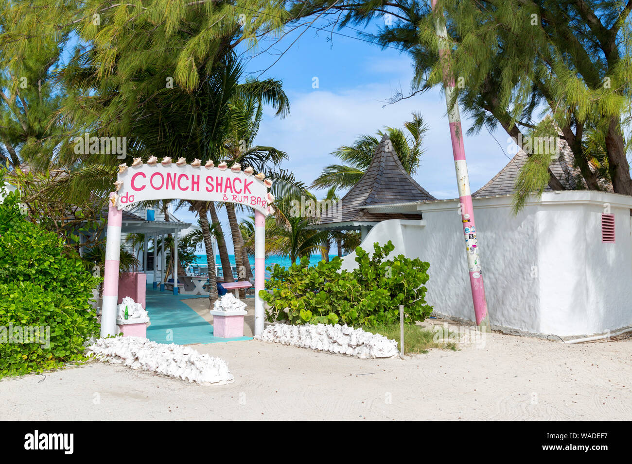 Entrance to Da Conch Shack, a local and tourist favorite restaurant in the Blue Hills area on Providenciales, in the Turks and Caicos. Stock Photo