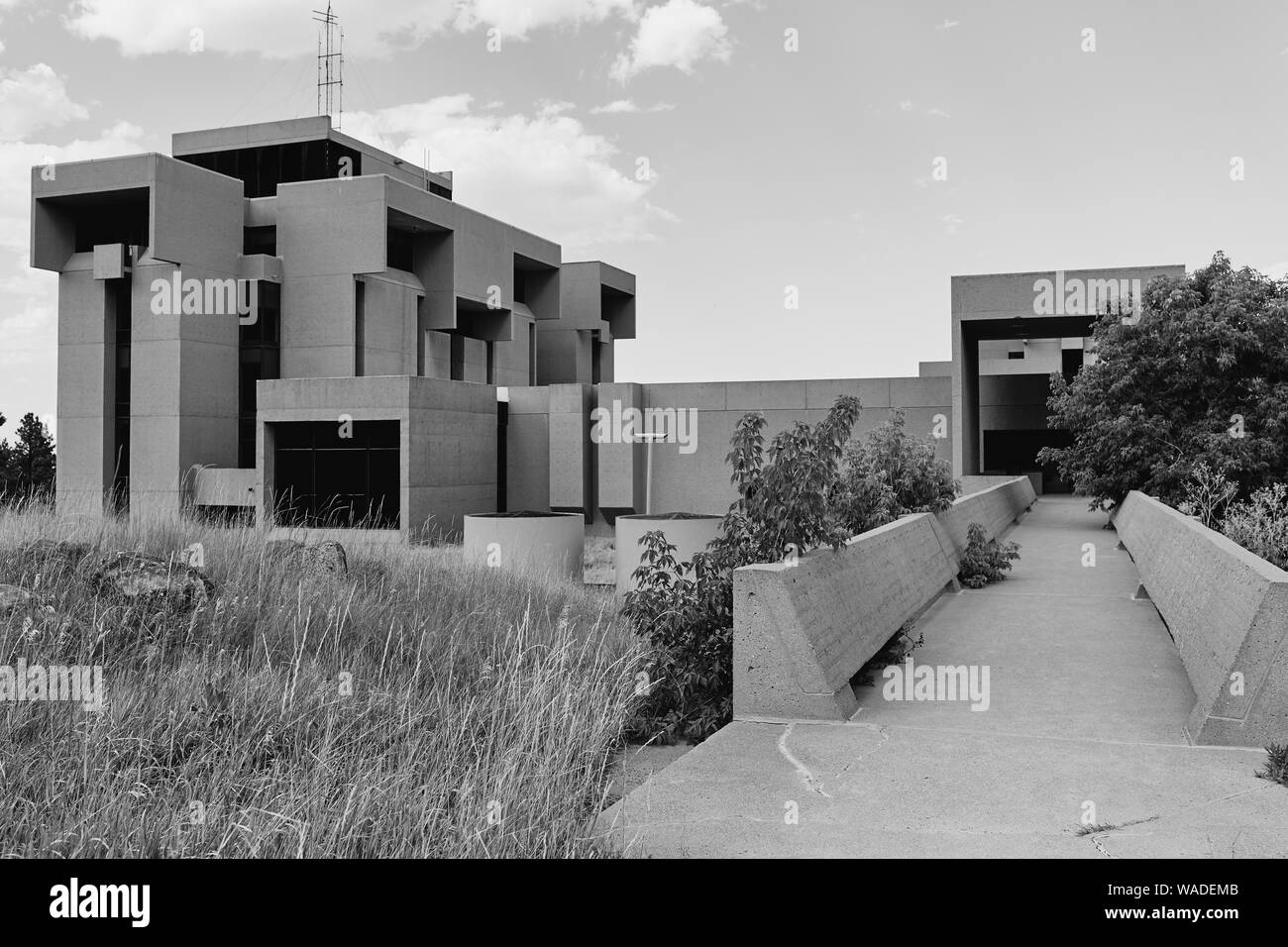 Boulder, Colorado - August 18th, 2019: Exterior in black and white of NCAR, National Center For Atmospheric Research designed by architect I.M. Pei Stock Photo
