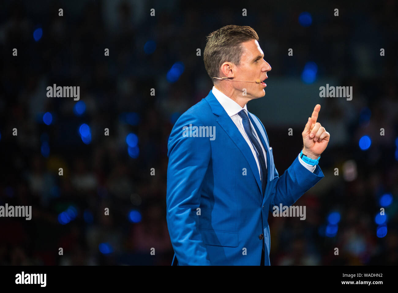 Nu Skin Enterprises president Ryan Napierski delivers a speech during an annual meeting in Shanghai, China, 13 July 2019. Stock Photo