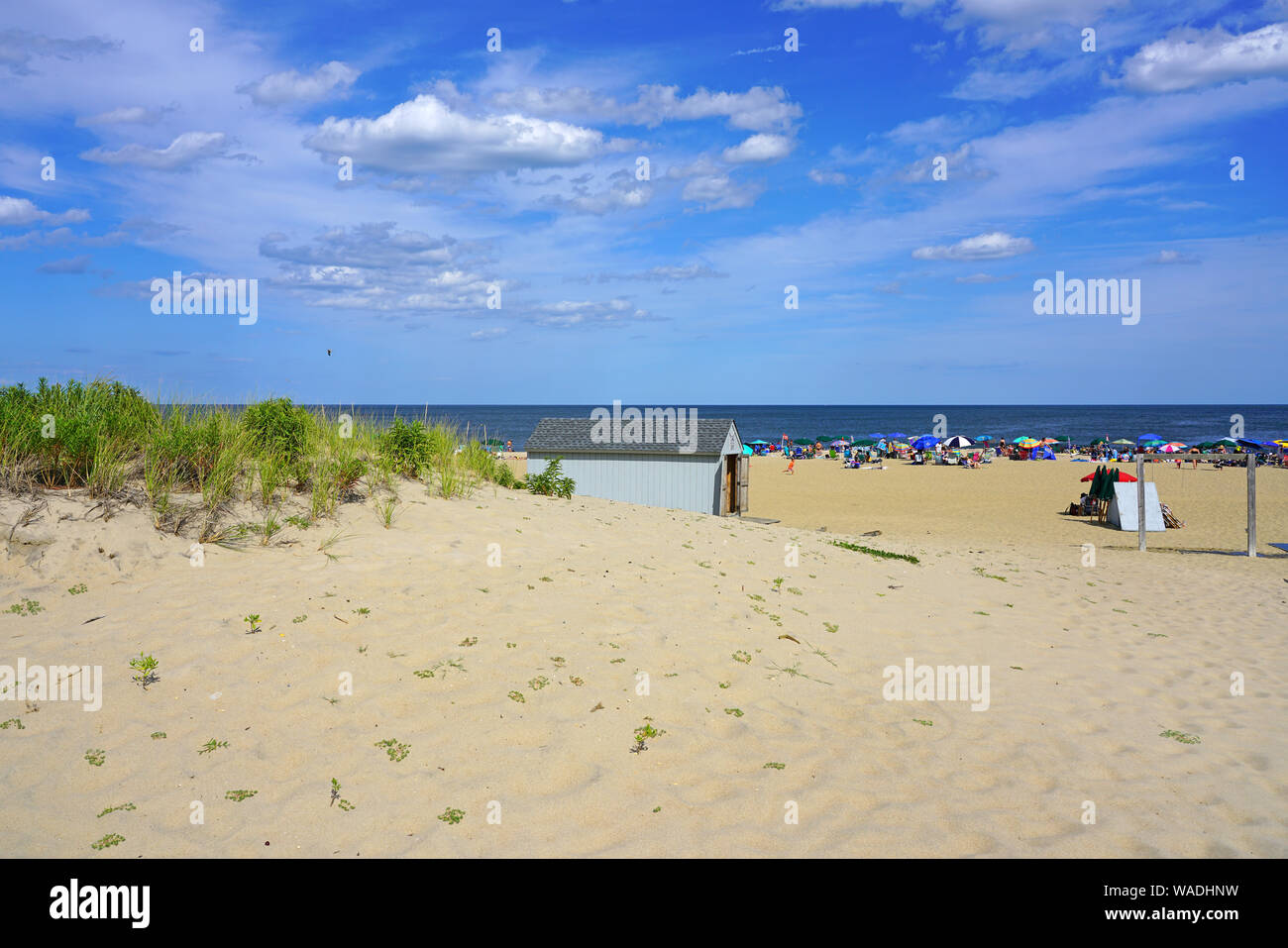 OCEAN GROVE, NJ -10 AUG 2019- View of the beach in Ocean Grove, a town on the New Jersey Shore, known for its historic Victorian houses. Stock Photo