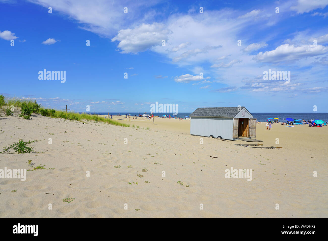 OCEAN GROVE, NJ -10 AUG 2019- View of the beach in Ocean Grove, a town on the New Jersey Shore, known for its historic Victorian houses. Stock Photo