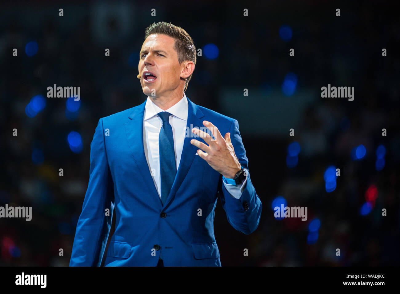 Nu Skin Enterprises president Ryan Napierski delivers a speech during an annual meeting in Shanghai, China, 13 July 2019. Stock Photo