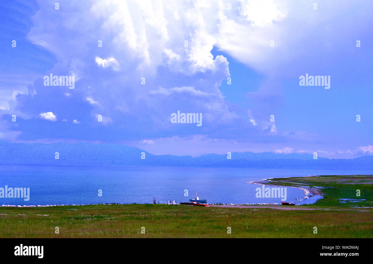Lying in Bole city, Bortala Mongol Autonomous Prefecture, northwest China’s Xinjiang Uygur Autonomous Region, Sayram Lake wins a fame of “The last tea Stock Photo