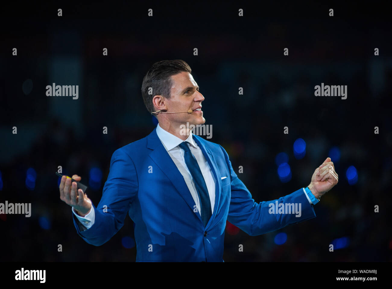 Nu Skin Enterprises president Ryan Napierski delivers a speech during an annual meeting in Shanghai, China, 13 July 2019. Stock Photo