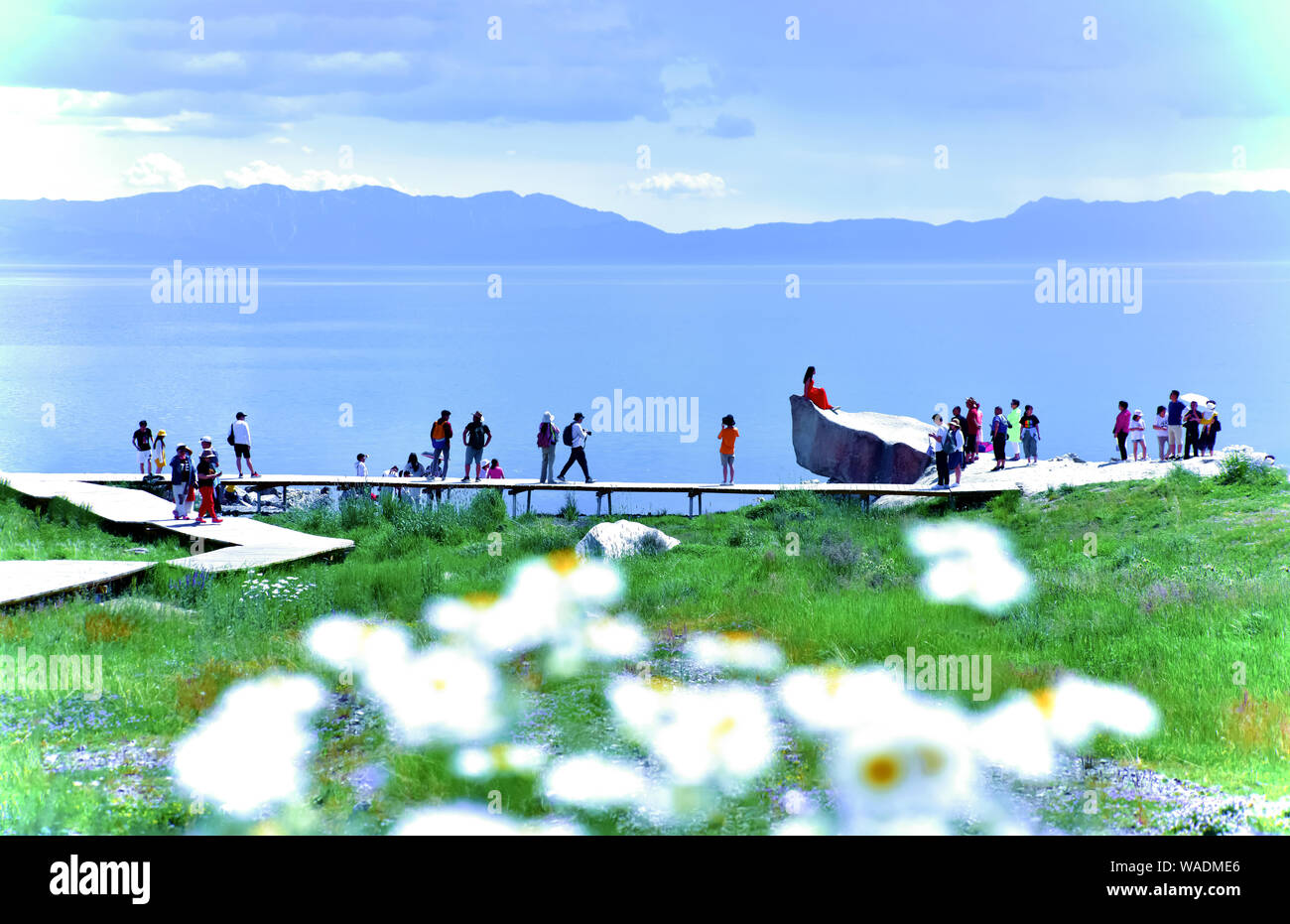 Lying in Bole city, Bortala Mongol Autonomous Prefecture, northwest China’s Xinjiang Uygur Autonomous Region, Sayram Lake wins a fame of “The last tea Stock Photo
