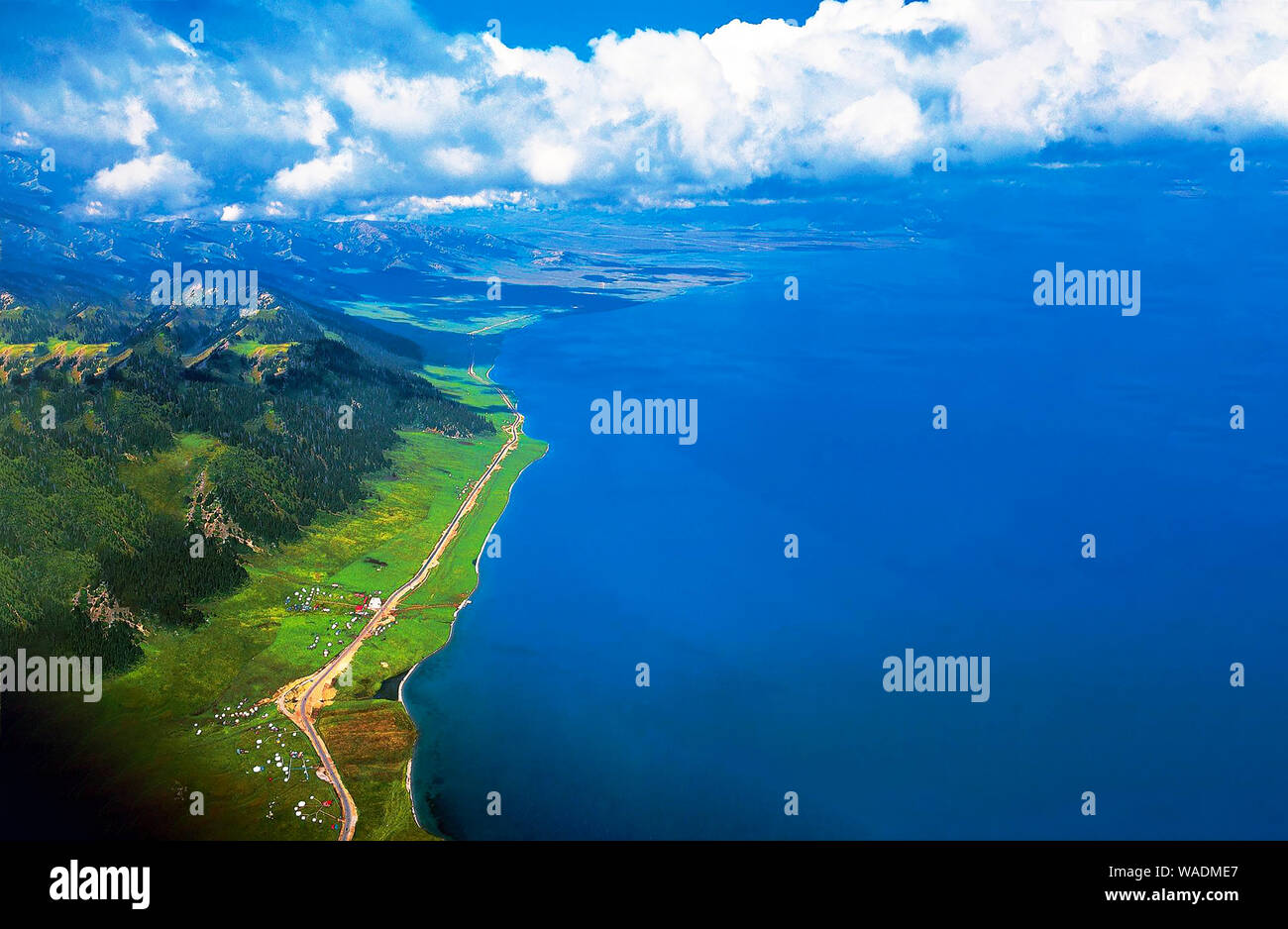 Lying in Bole city, Bortala Mongol Autonomous Prefecture, northwest China’s Xinjiang Uygur Autonomous Region, Sayram Lake wins a fame of “The last tea Stock Photo