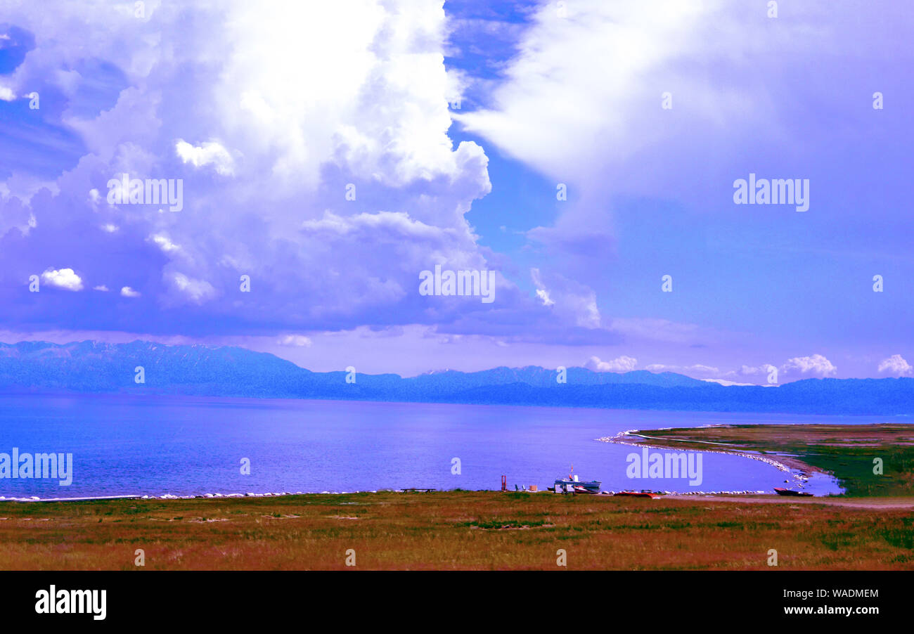 Lying in Bole city, Bortala Mongol Autonomous Prefecture, northwest China’s Xinjiang Uygur Autonomous Region, Sayram Lake wins a fame of “The last tea Stock Photo