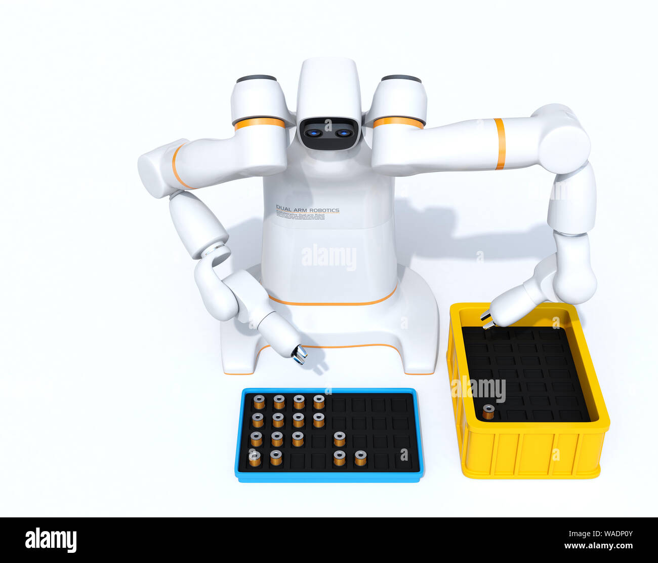 White dual-arm robot on white background. Collaborative robot concept. 3D rendering image. Stock Photo