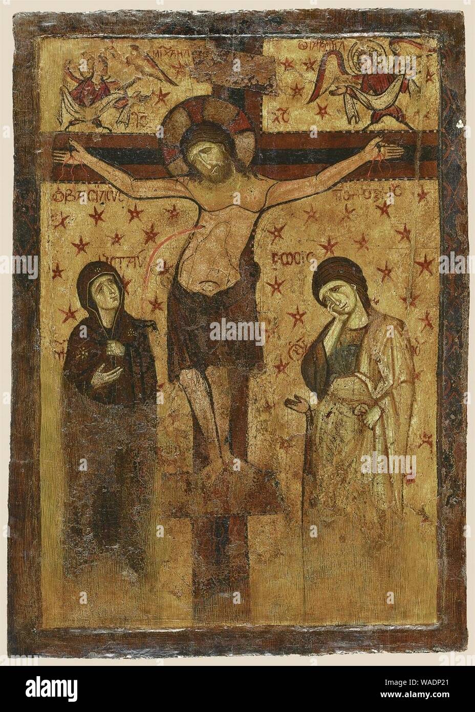 Double-sided icon - Crucifixion and Hodegetria (9-13th c., Stock Photo