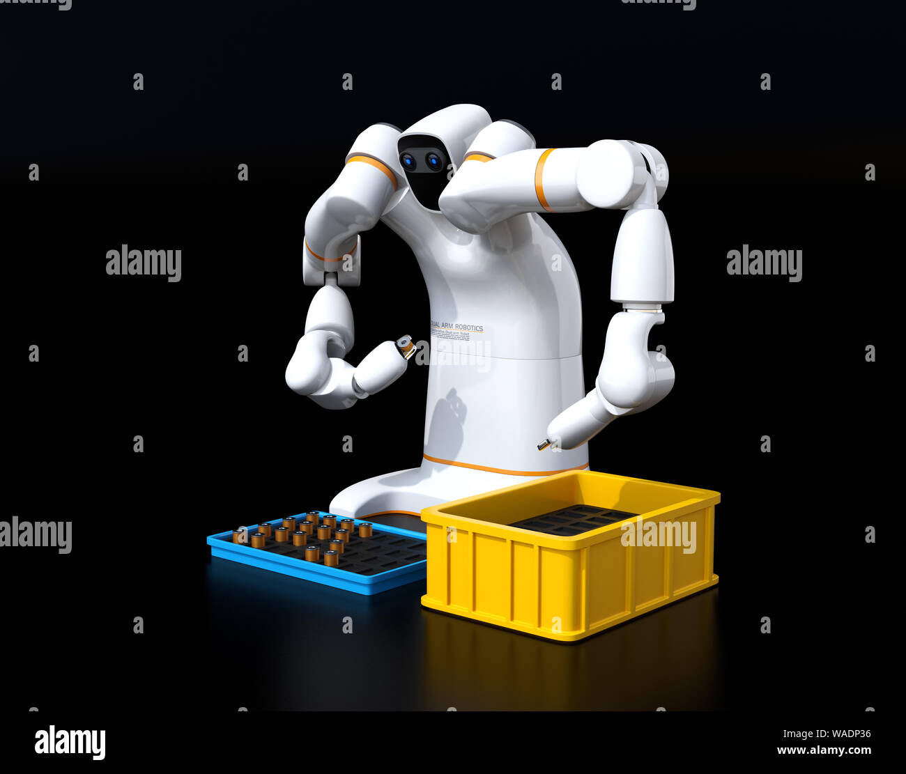 White dual-arm robot on black background. Collaborative robot concept. 3D rendering image. Stock Photo