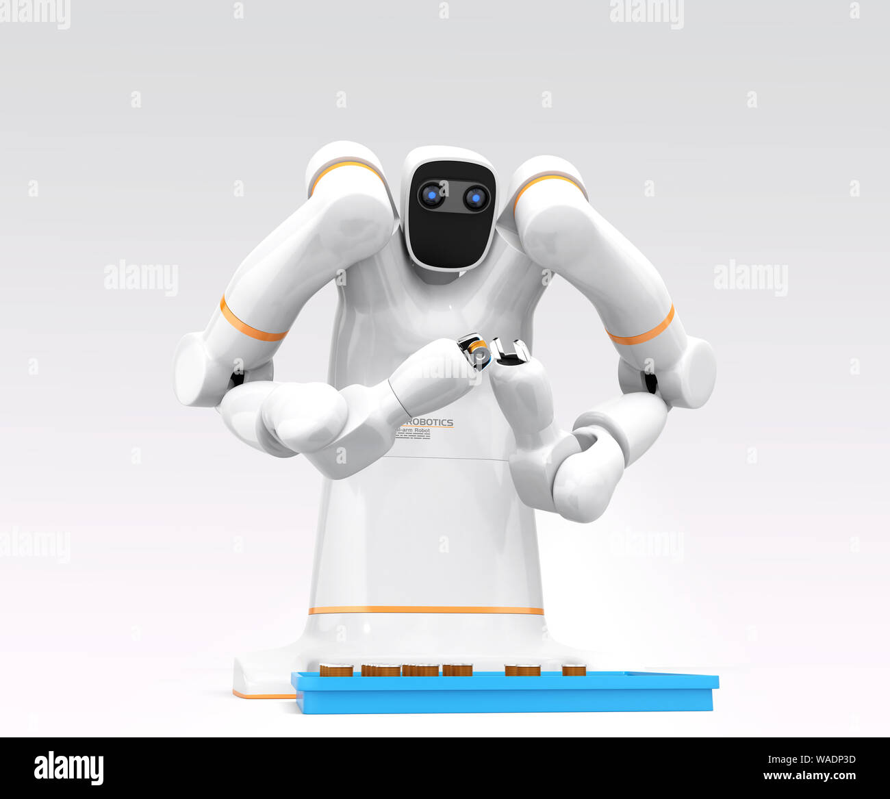 White dual-arm robot on gradient background. Collaborative robot concept. 3D rendering image. Stock Photo