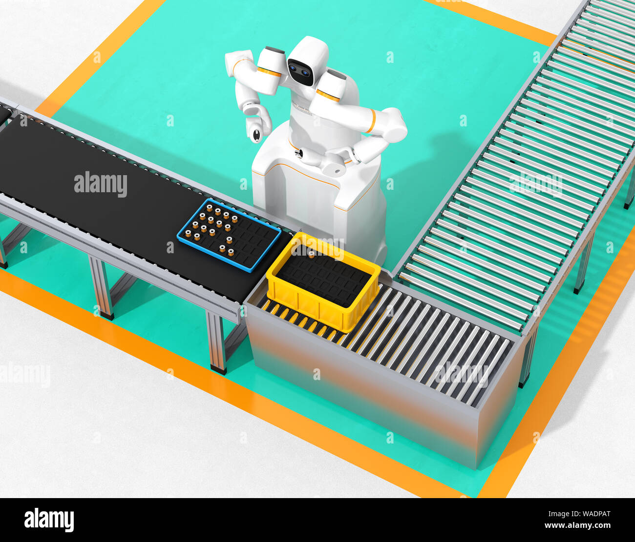 Dual-arm robot assembly motor coils in cell-production space. Collaborative robot concept. Original design. 3D rendering image. Stock Photo