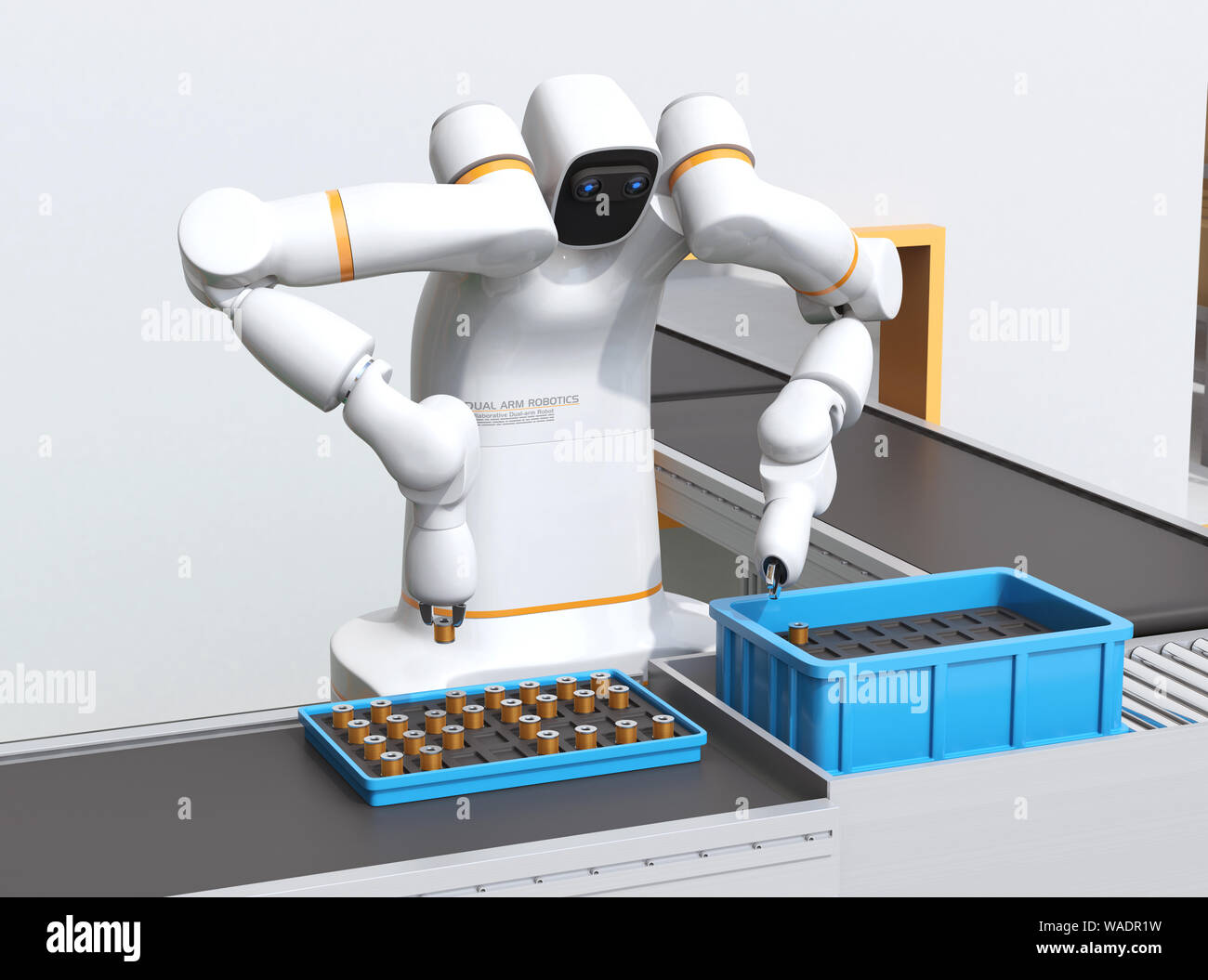 Dual-arm robot assembly motor coils in cell-production space. Collaborative robot concept. design. 3D rendering image Stock Photo - Alamy