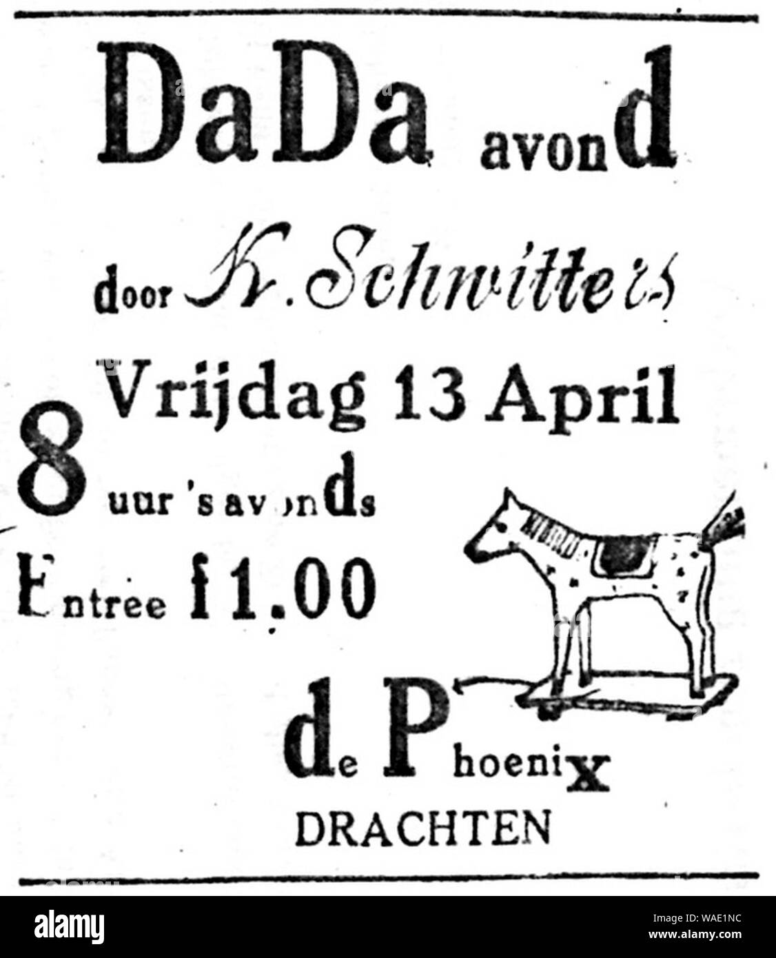 Dragtster Courant 1923-04-13 advertisement Dada avond door K. Schwitters in De Phoenix in Drachten. Stock Photo