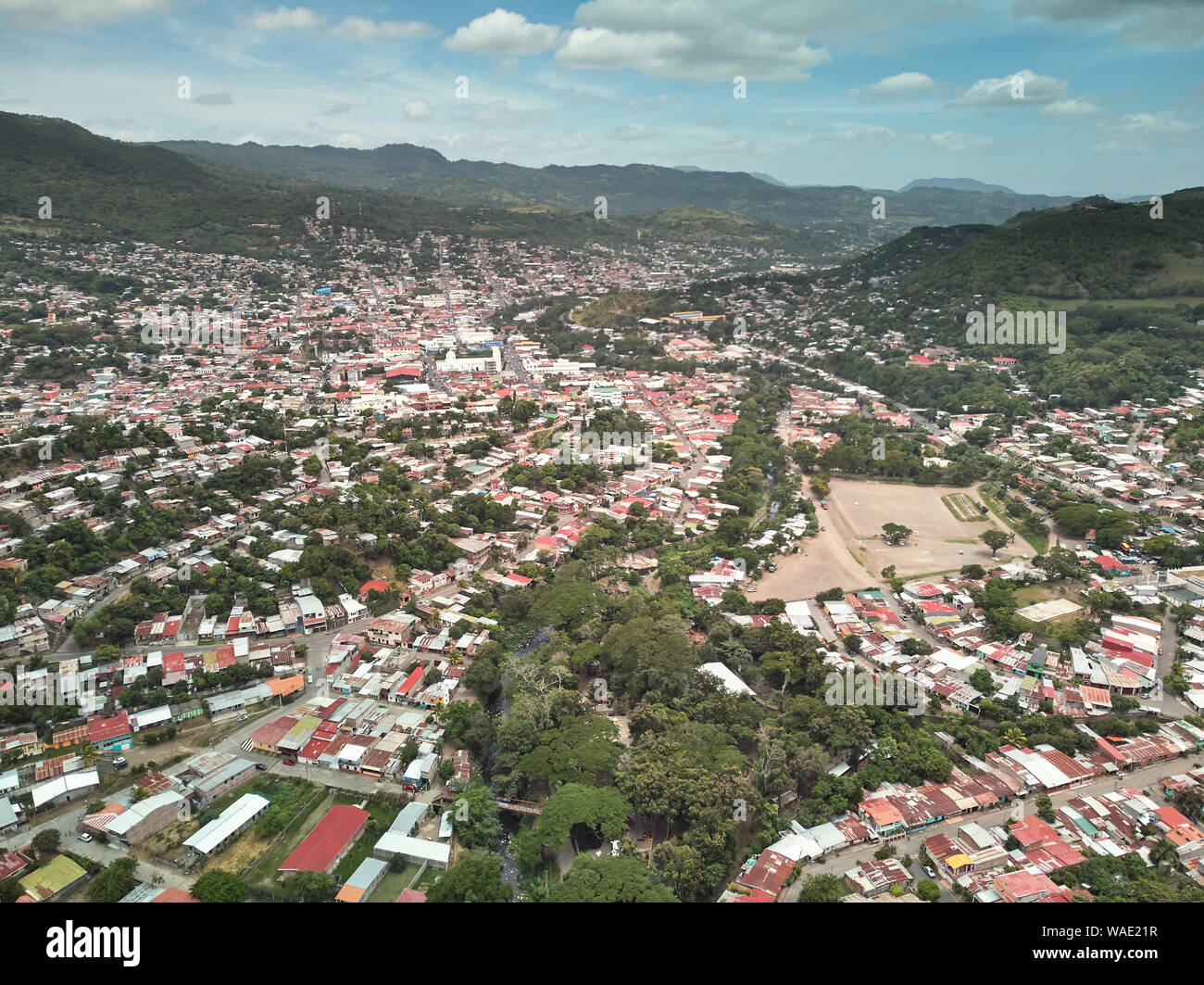 View on center of matagalpa city aerial above drone angle Stock Photo