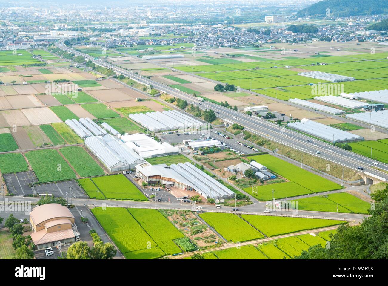 General view of Chikuma City, Nagano Prefecture, Japan. View from Mori-Shōgunzuka Kofun, Chikuma City, Nagano Prefecture, Japan. Stock Photo