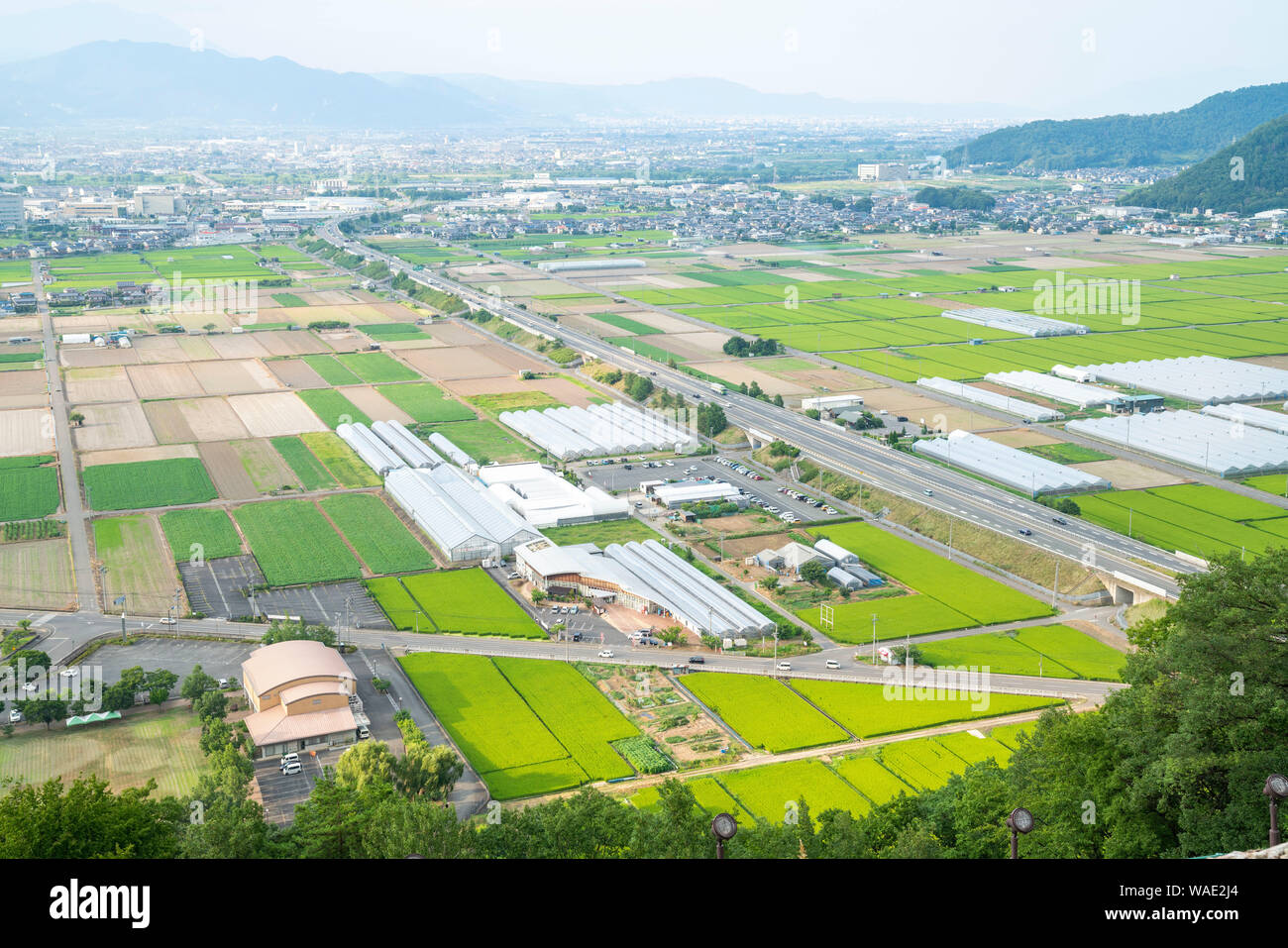 General view of Chikuma City, Nagano Prefecture, Japan. View from Mori-Shōgunzuka Kofun, Chikuma City, Nagano Prefecture, Japan. Stock Photo