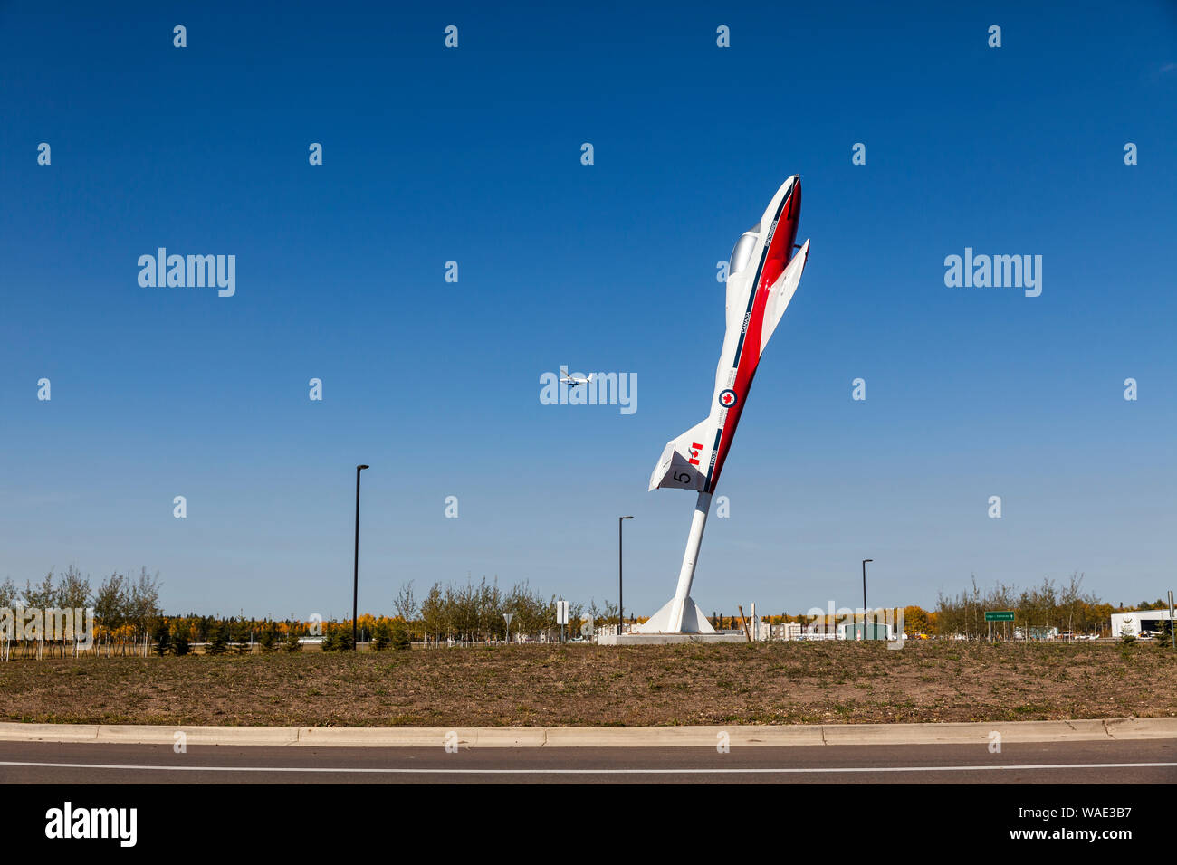 Canadian Snowbird jet plane mounted at Fort McMurray International Airport.8 Stock Photo