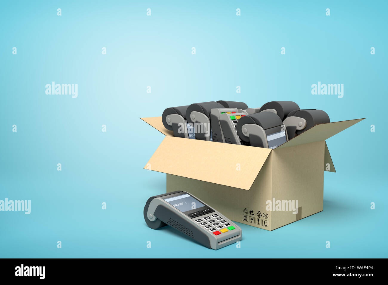 3d rendering of cardboard box full of several point-of-sale terminals on blue background. Store equipment. Retail commerce. Making transactions. Stock Photo