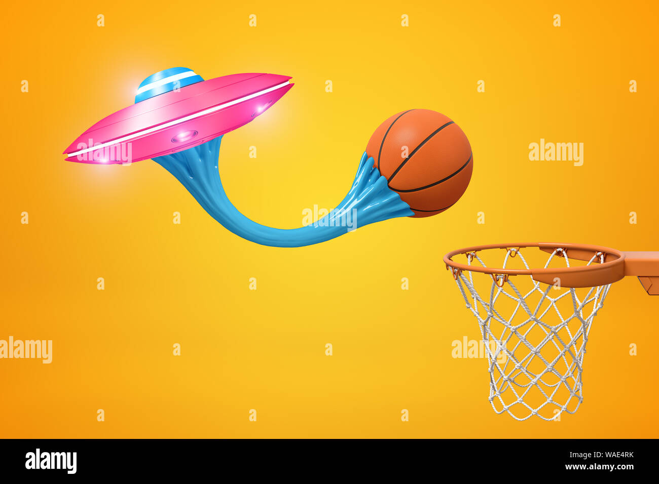 3d rendering of basketball ball stuck to pink metal UFO with blue sticky  gum and basketball hoop on yellow background. Digital art. Science fiction.  G Stock Photo - Alamy