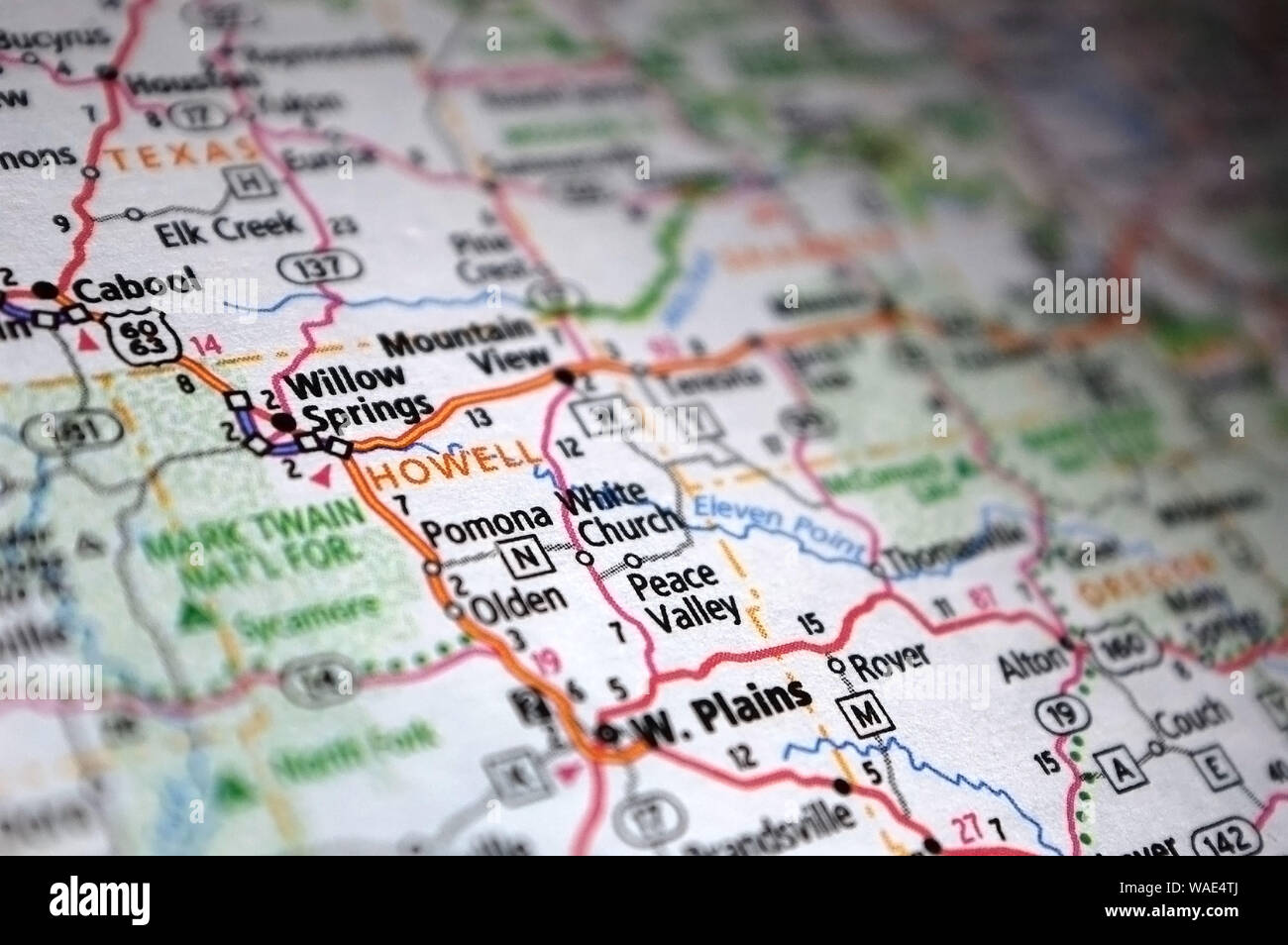 Extreme closeup of Willow Springs, Missouri in a map Stock Photo Alamy