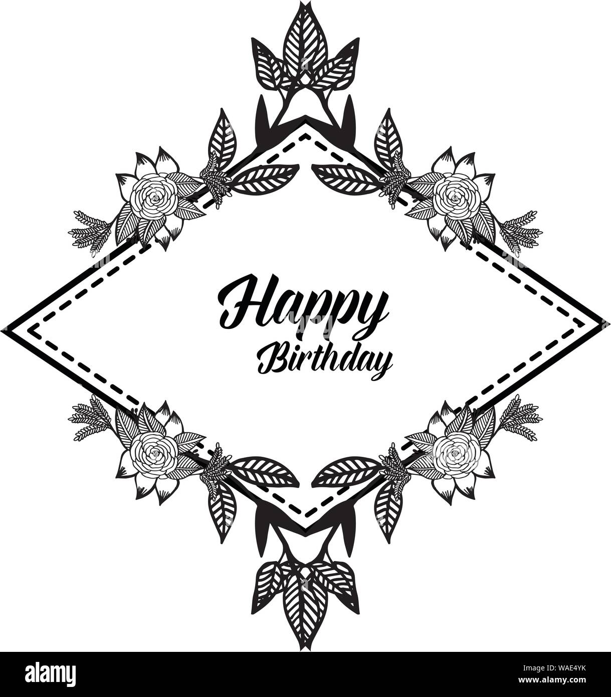 Cute card happy birthday, design with beautiful flower and branches leaves, elegant frame