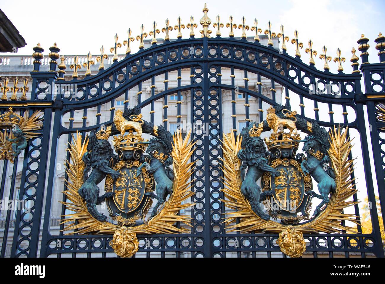 Close up the royal emblem on Buckingham palace entrance door. Stock Photo