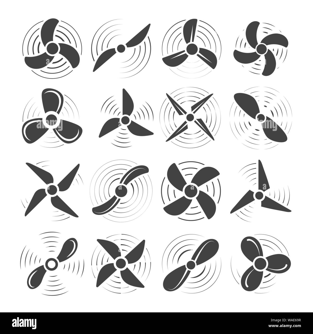 Plane propellers. Aircraft propeller icons, circle wind fan rotating