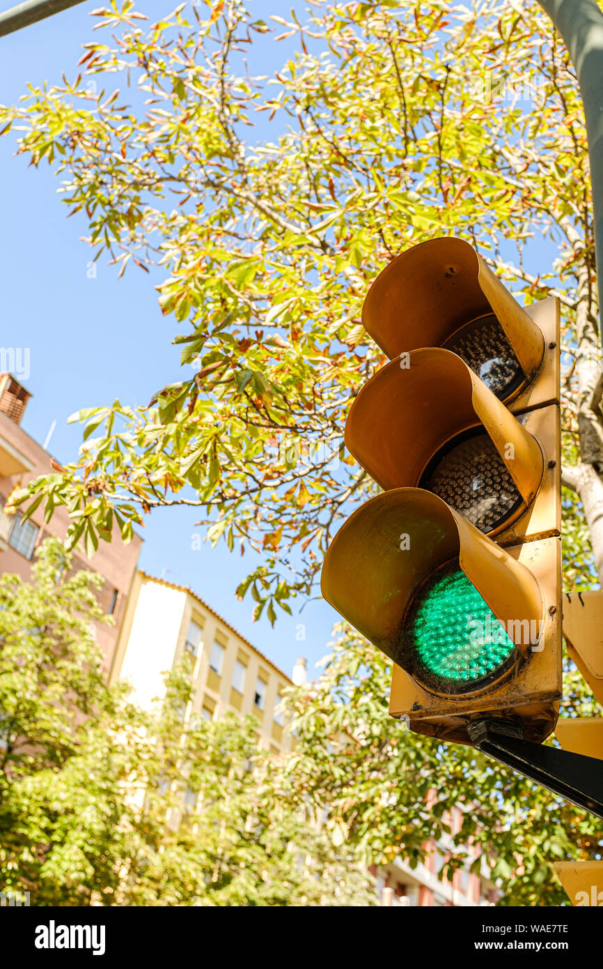 Green traffic light close up still on a urban scene Stock Photo - Alamy
