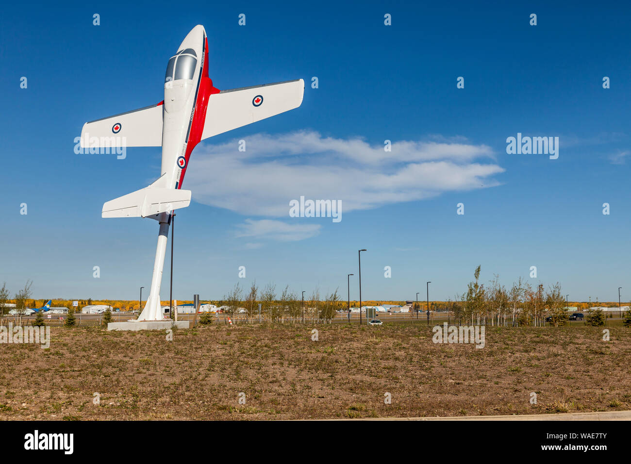 Canadian Snowbird jet plane mounted at Fort McMurray International Airport. Stock Photo