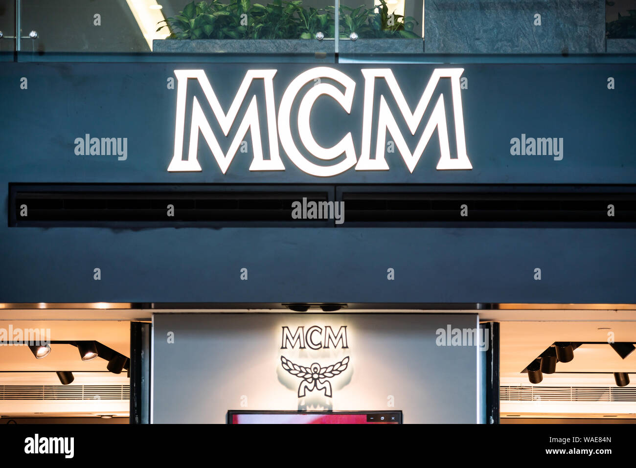 Leather luxury goods brand MCM logo seen in Shanghai Hongqiao International Airport. Stock Photo