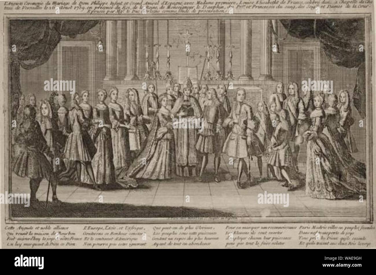Drawing of the marriage of Don Felipe Infante of Spain with Louise Élisabeth of France at Versailles on 26 August 1739 in the presence of the King Queen Dauphin and Princes of the Blood and the court. Stock Photo