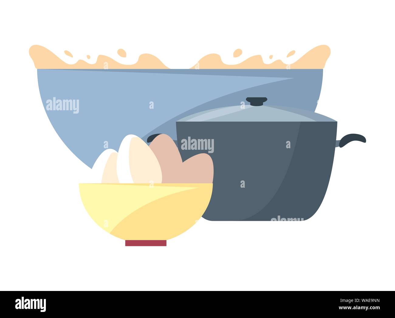 bowl with flour eggs and pot preparation cooking vector illustration ...