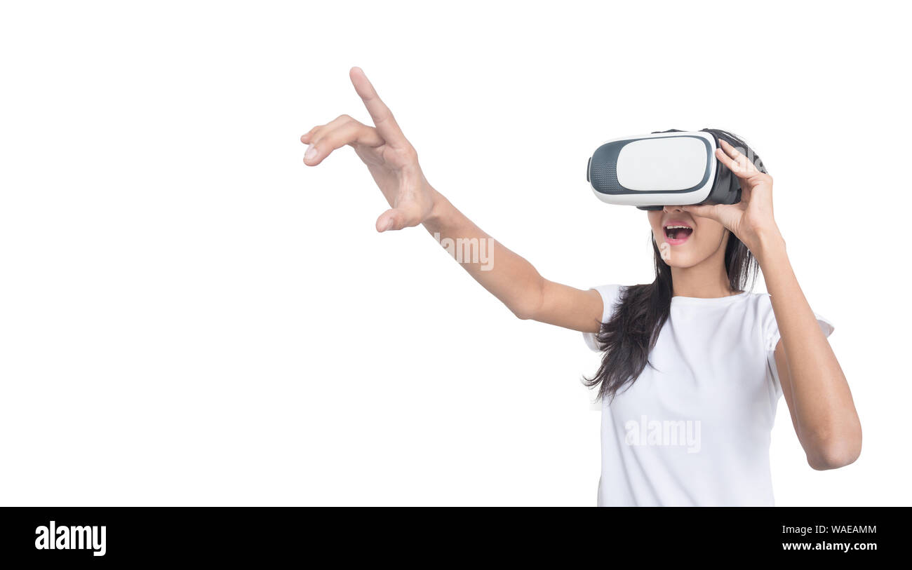 Women using VR-headset glasses of virtual reality on isolated white background,future technology. Stock Photo