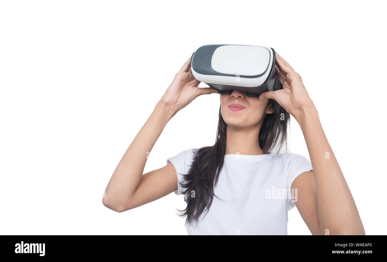 Women using VR-headset glasses of virtual reality on isolated white ...