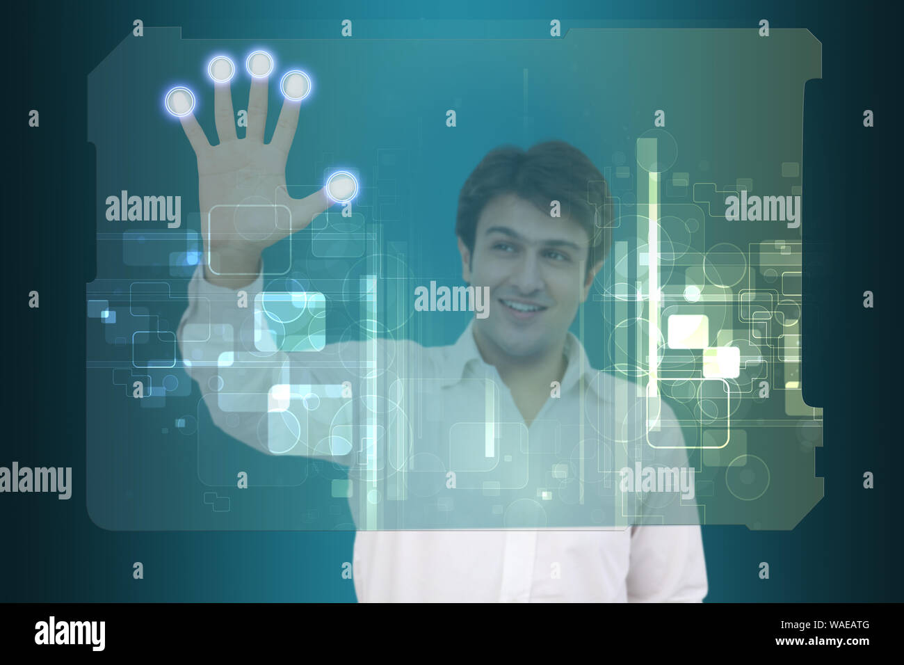 Businessman using a touch screen for biometrics identification Stock Photo