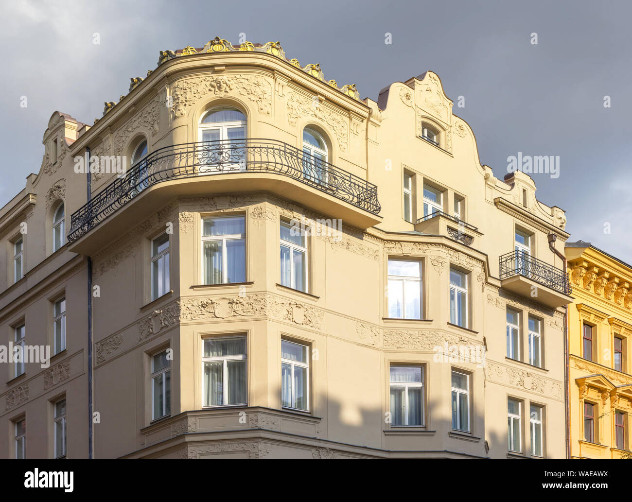 Fragment of the facade of a traditional Prague house. Czech Republic Stock Photo