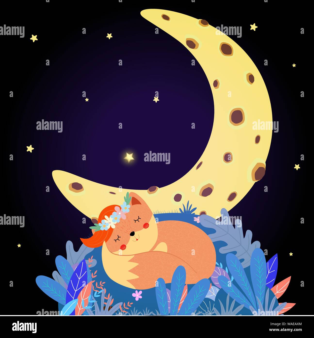 Cute fox sleep on field under moon starry sky. Good Night sweet ginger ...