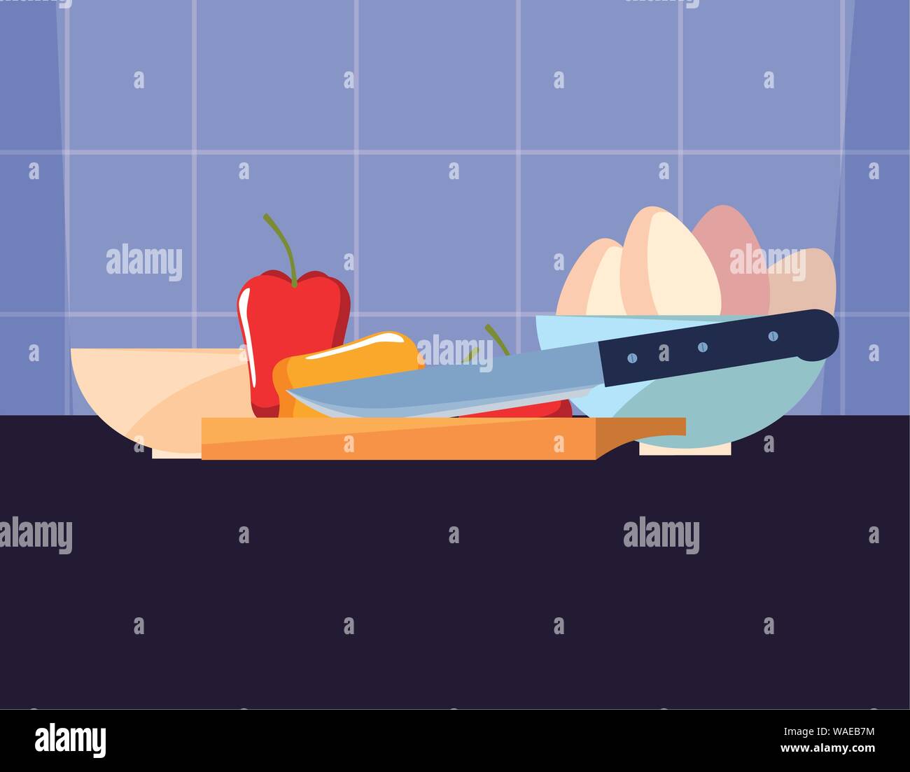 bowl with eggs pepper knife preparation cooking vector illustration ...