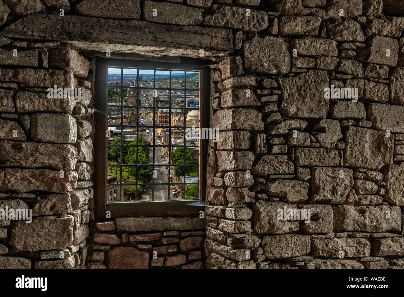 View through a window of a castle to the historic old town, Edinburgh, Scotland, United Kindom Stock Photo