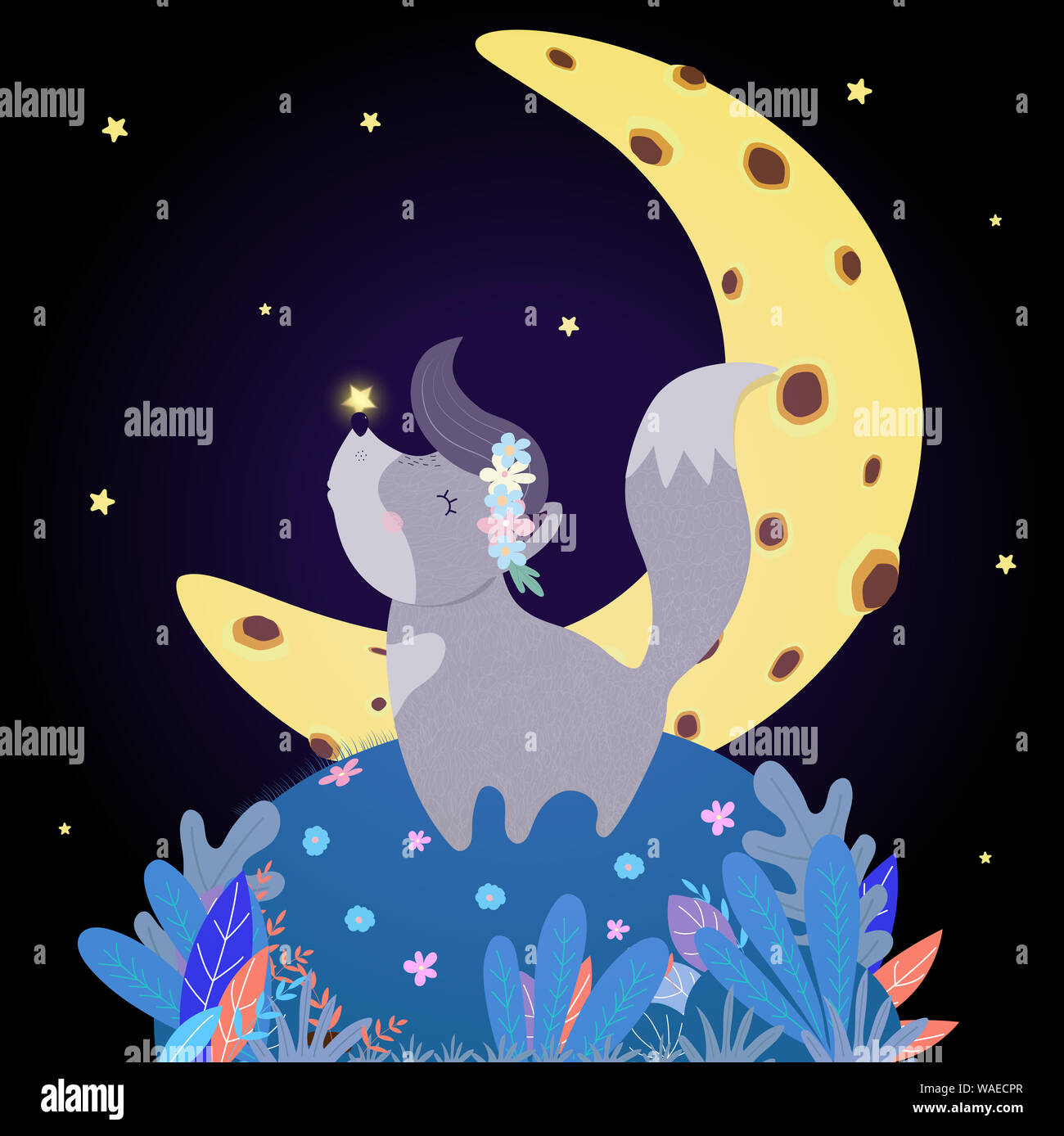 Illustration Cartoon Wolf Howling Moon High Resolution Stock Photography And Images Alamy