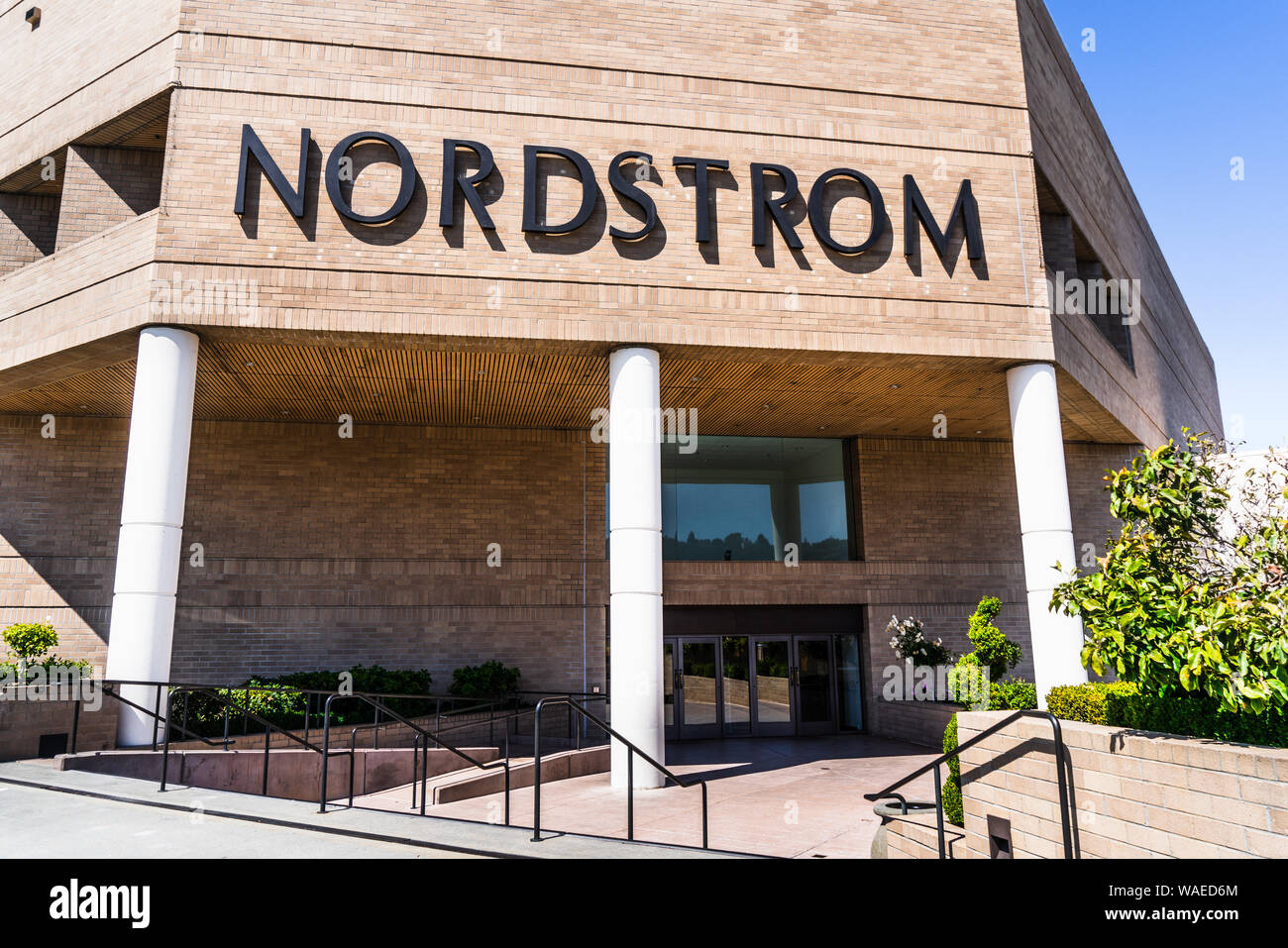 August 19, 2019 San Mateo / CA / USA - Nordstrom department store entrance at Hillsdale Shopping Center, San Francisco bay area Stock Photo